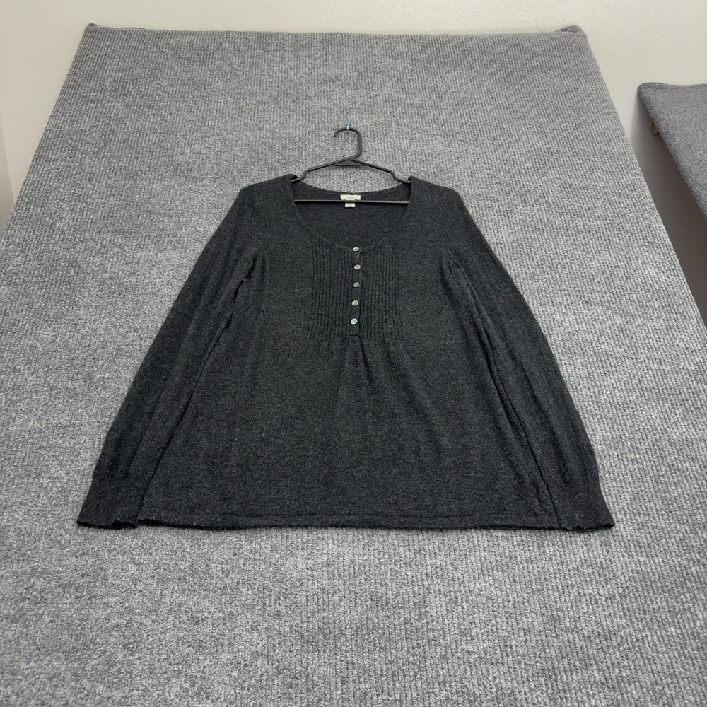 LL Bean Sweater Womens M Charcoal Wool Blend Henley Pintuck Casual Classic